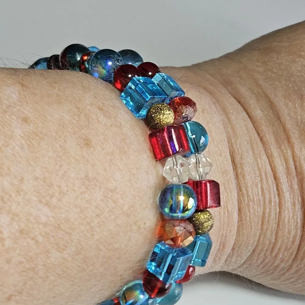 Blue Red Gold Tone Glass Beaded Wrap Bracelet